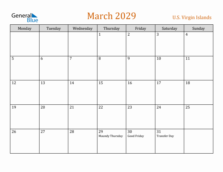 March 2029 Holiday Calendar with Monday Start