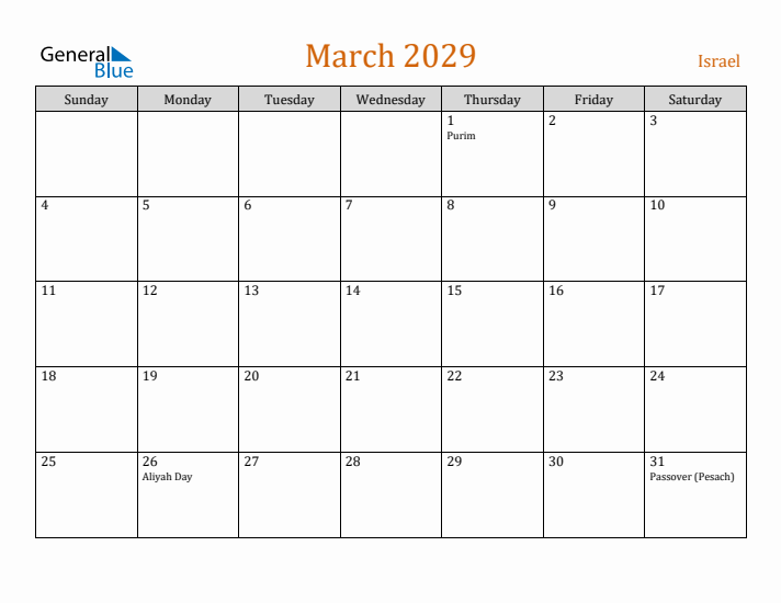 March 2029 Holiday Calendar with Sunday Start