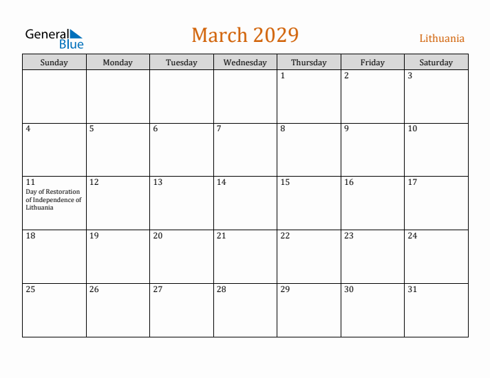 March 2029 Holiday Calendar with Sunday Start