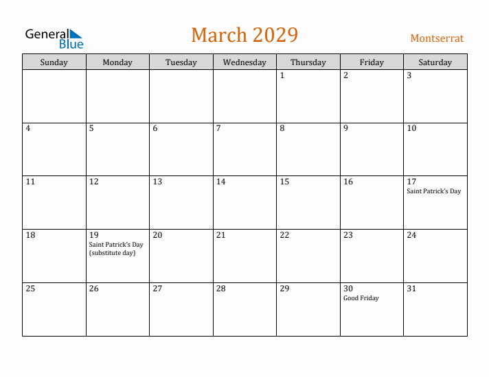 March 2029 Holiday Calendar with Sunday Start