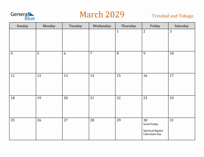 March 2029 Holiday Calendar with Sunday Start