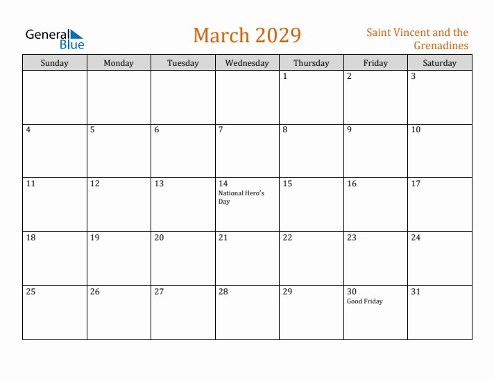 March 2029 Holiday Calendar with Sunday Start
