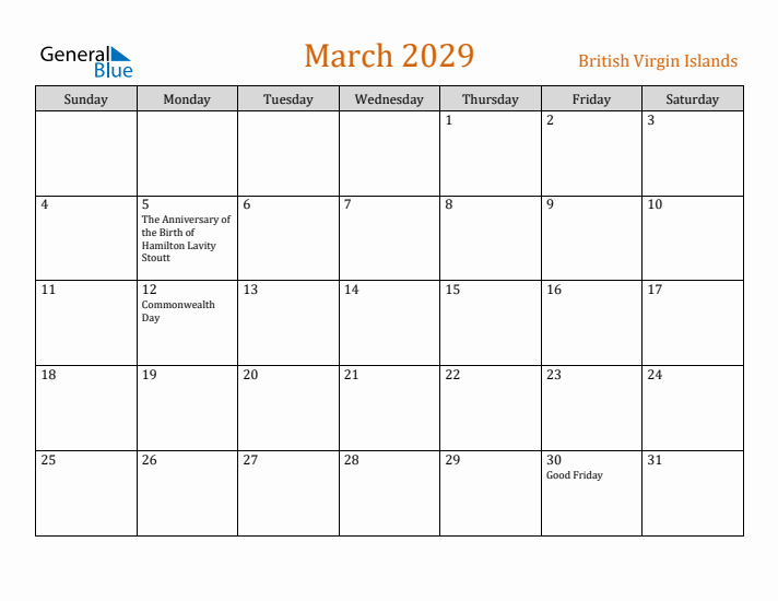 March 2029 Holiday Calendar with Sunday Start