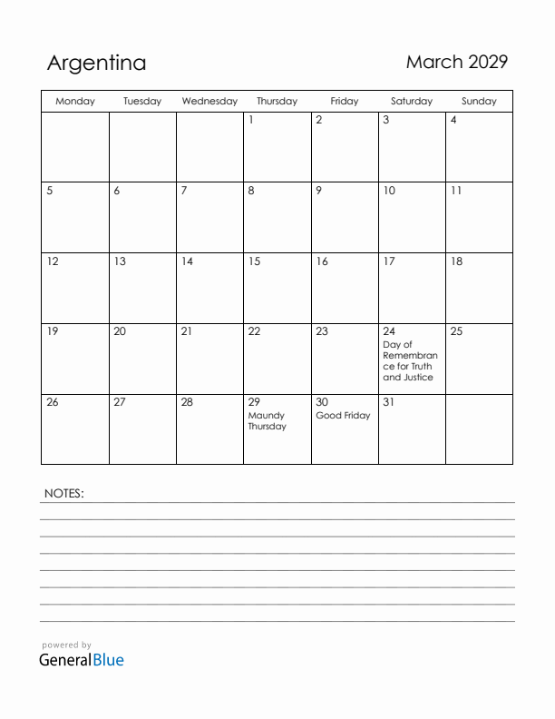 March 2029 Argentina Calendar with Holidays (Monday Start)
