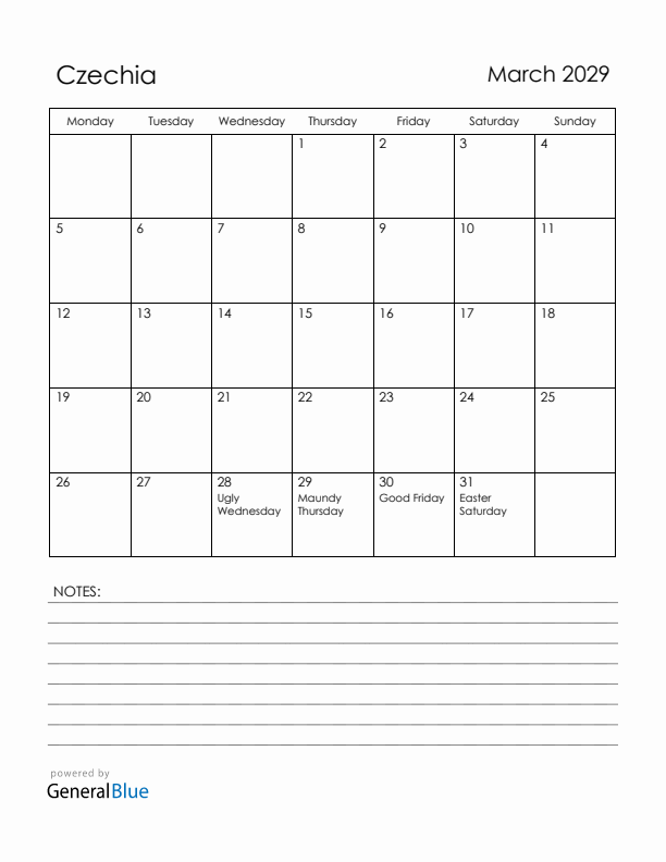 March 2029 Czechia Calendar with Holidays (Monday Start)