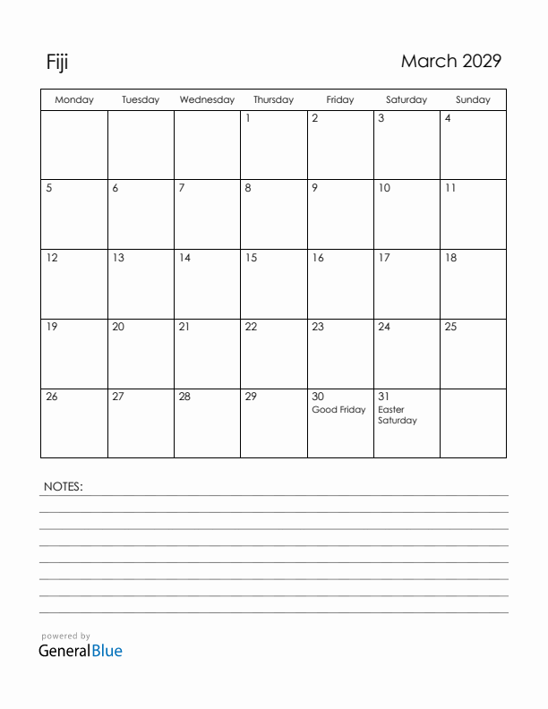 March 2029 Fiji Calendar with Holidays (Monday Start)