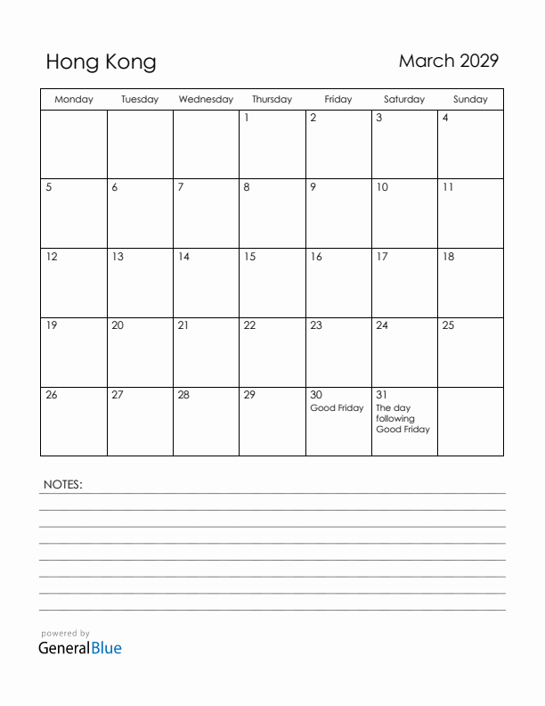 March 2029 Hong Kong Calendar with Holidays (Monday Start)