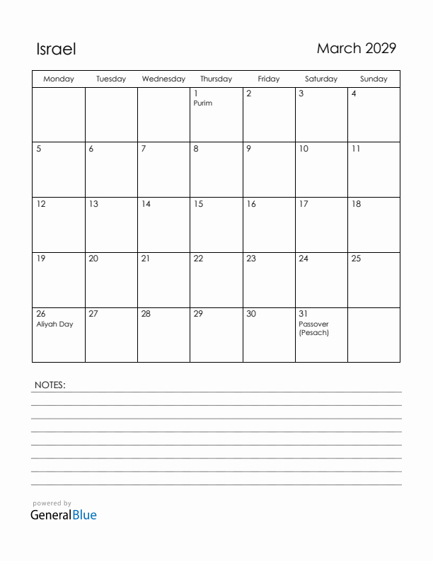 March 2029 Israel Calendar with Holidays (Monday Start)