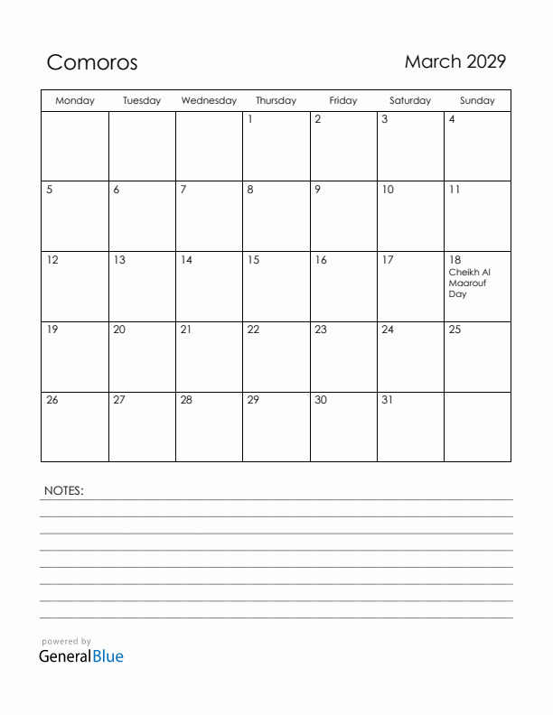 March 2029 Comoros Calendar with Holidays (Monday Start)