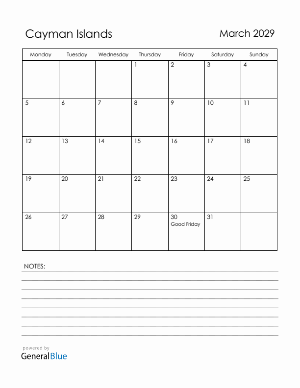 March 2029 Cayman Islands Calendar with Holidays (Monday Start)
