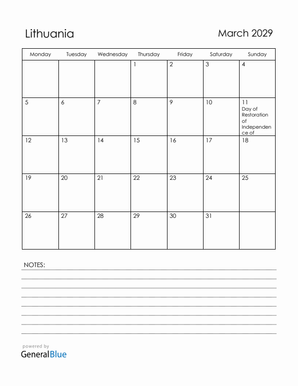 March 2029 Lithuania Calendar with Holidays (Monday Start)