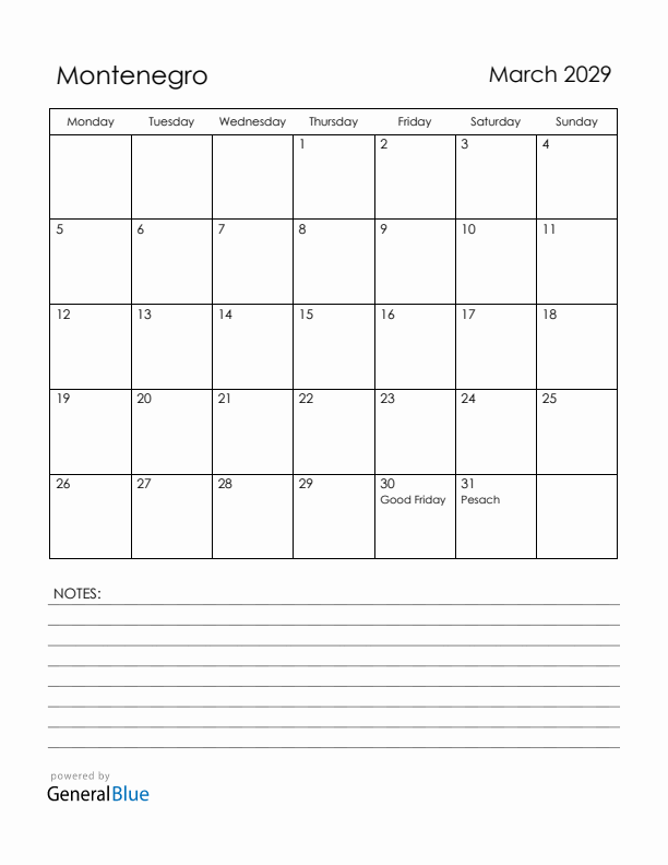 March 2029 Montenegro Calendar with Holidays (Monday Start)