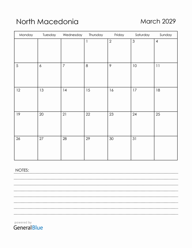 March 2029 North Macedonia Calendar with Holidays (Monday Start)