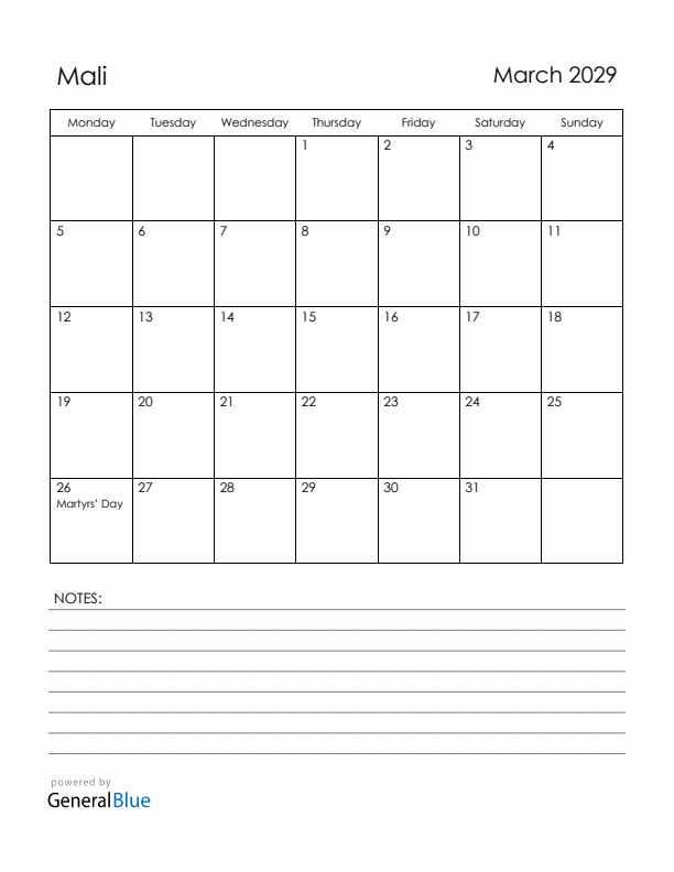 March 2029 Mali Calendar with Holidays (Monday Start)