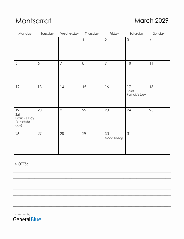 March 2029 Montserrat Calendar with Holidays (Monday Start)