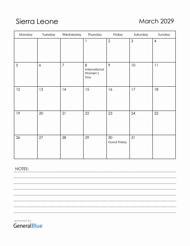 March 2029 Sierra Leone Calendar with Holidays (Monday Start)