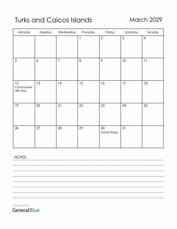 March 2029 Turks and Caicos Islands Calendar with Holidays (Monday Start)