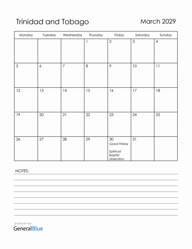 March 2029 Trinidad and Tobago Calendar with Holidays (Monday Start)