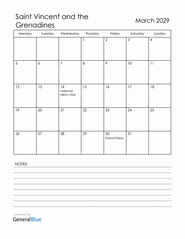 March 2029 Saint Vincent and the Grenadines Calendar with Holidays (Monday Start)