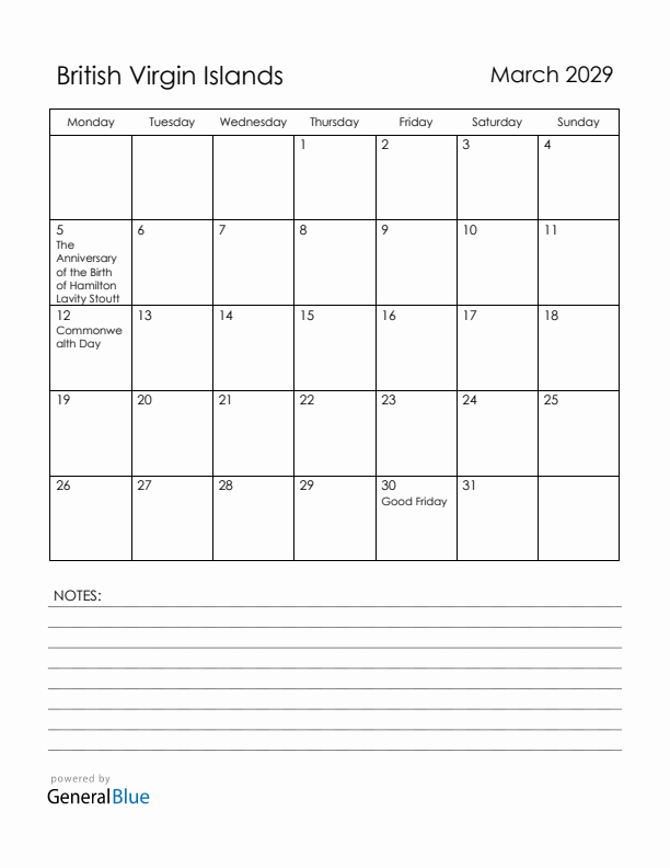 March 2029 British Virgin Islands Calendar with Holidays (Monday Start)