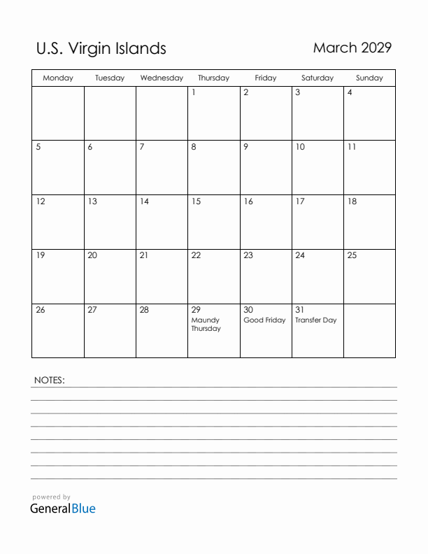 March 2029 U.S. Virgin Islands Calendar with Holidays (Monday Start)