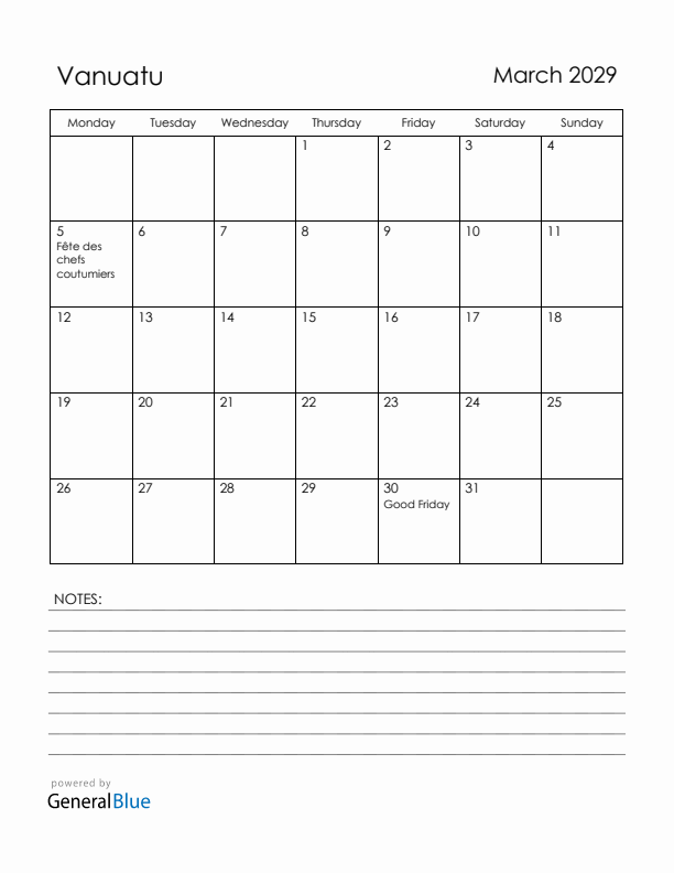 March 2029 Vanuatu Calendar with Holidays (Monday Start)