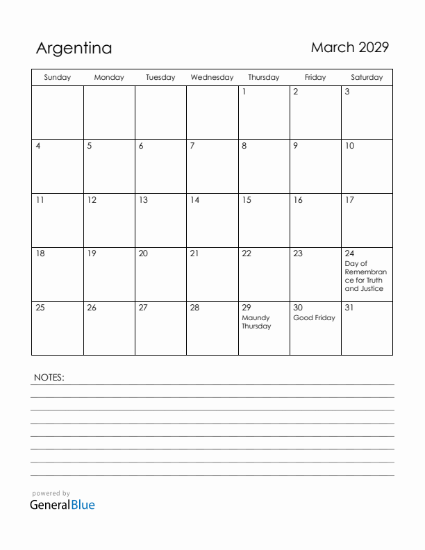 March 2029 Argentina Calendar with Holidays (Sunday Start)