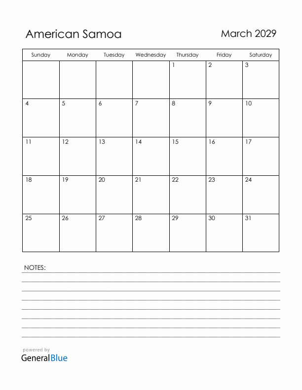 March 2029 American Samoa Calendar with Holidays (Sunday Start)