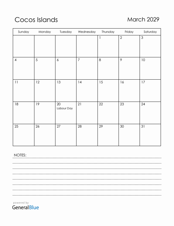 March 2029 Cocos Islands Calendar with Holidays (Sunday Start)