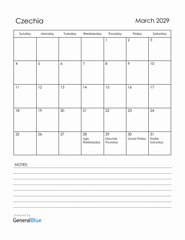 March 2029 Czechia Calendar with Holidays (Sunday Start)