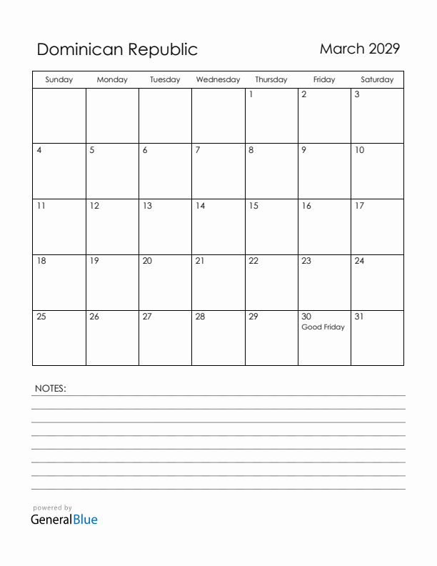 March 2029 Dominican Republic Calendar with Holidays (Sunday Start)