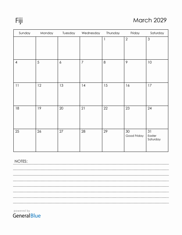 March 2029 Fiji Calendar with Holidays (Sunday Start)