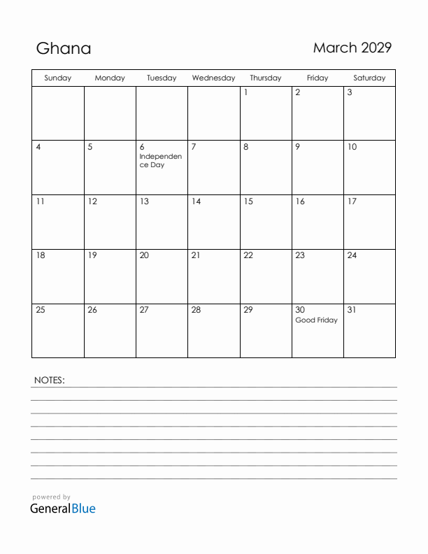 March 2029 Ghana Calendar with Holidays (Sunday Start)