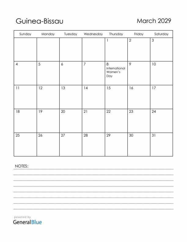 March 2029 Guinea-Bissau Calendar with Holidays (Sunday Start)