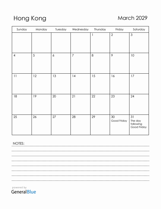 March 2029 Hong Kong Calendar with Holidays (Sunday Start)