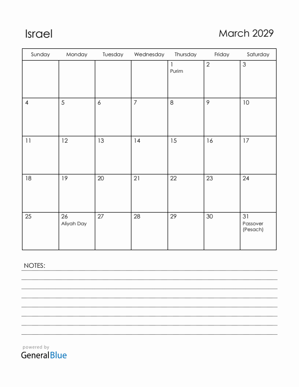March 2029 Israel Calendar with Holidays (Sunday Start)