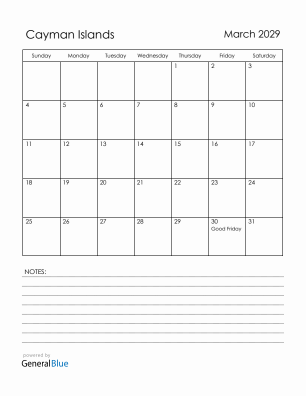 March 2029 Cayman Islands Calendar with Holidays (Sunday Start)
