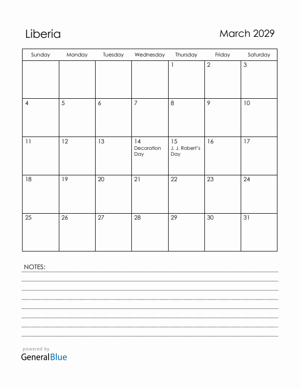 March 2029 Liberia Calendar with Holidays (Sunday Start)