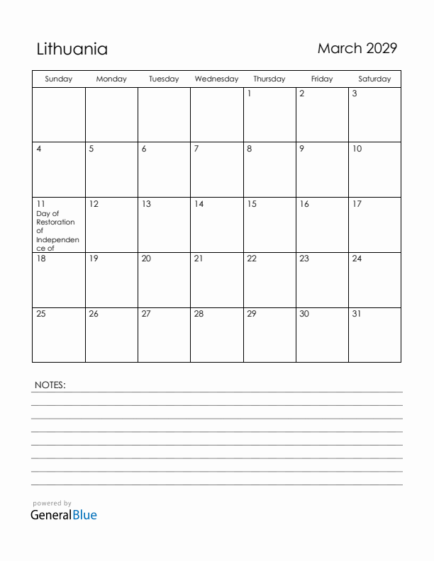 March 2029 Lithuania Calendar with Holidays (Sunday Start)