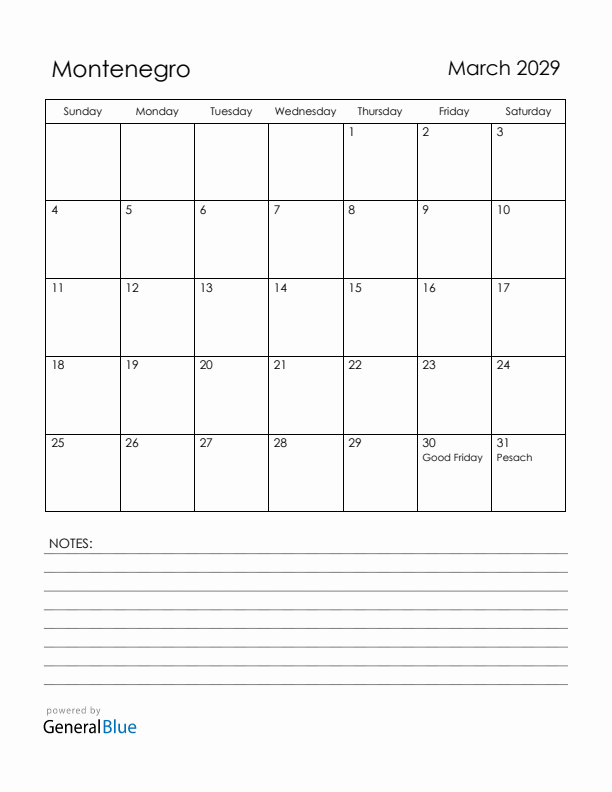 March 2029 Montenegro Calendar with Holidays (Sunday Start)