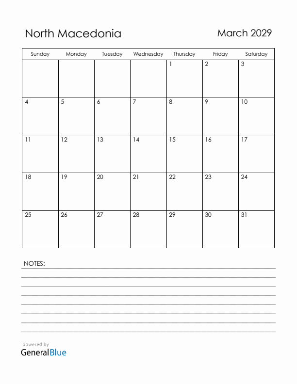 March 2029 North Macedonia Calendar with Holidays (Sunday Start)