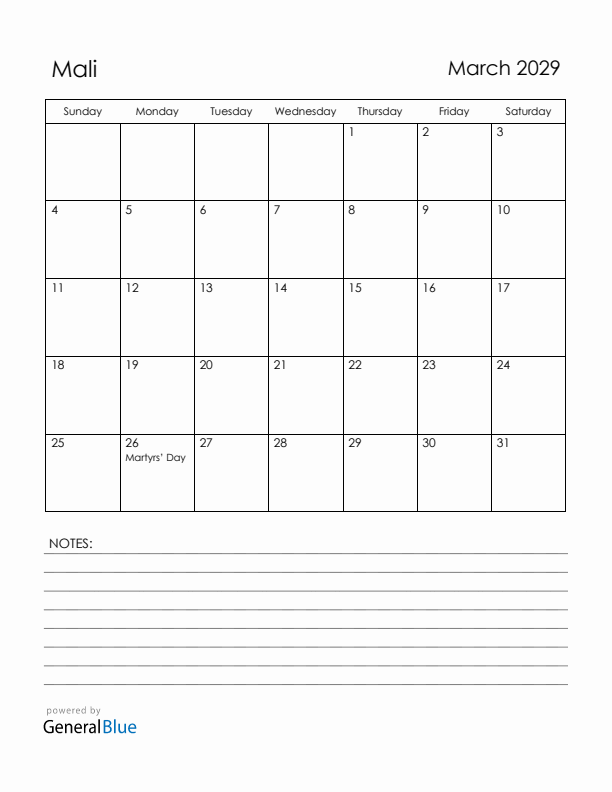 March 2029 Mali Calendar with Holidays (Sunday Start)
