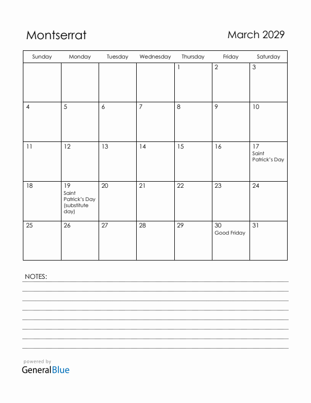March 2029 Montserrat Calendar with Holidays (Sunday Start)