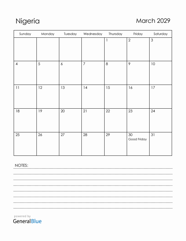 March 2029 Nigeria Calendar with Holidays (Sunday Start)