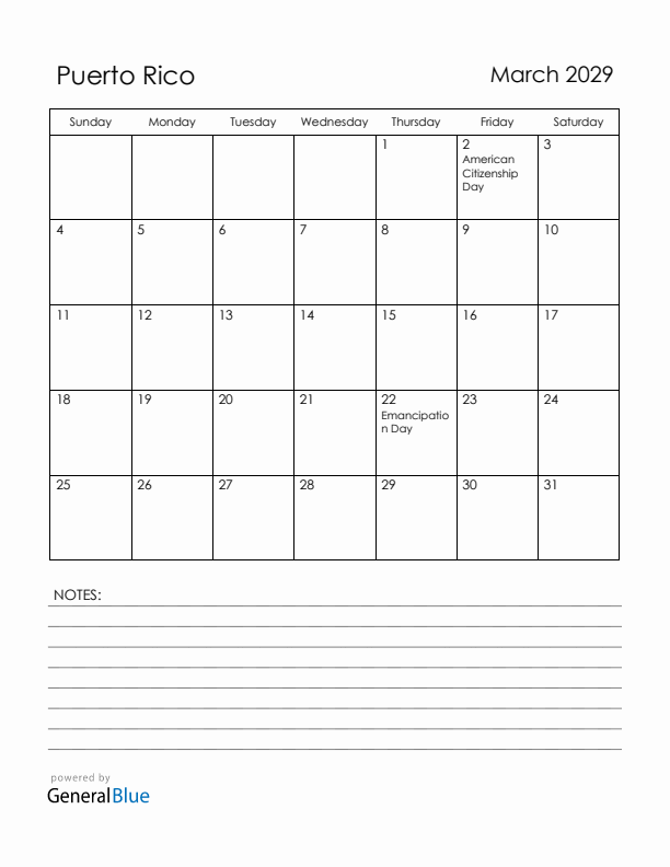 March 2029 Puerto Rico Calendar with Holidays (Sunday Start)