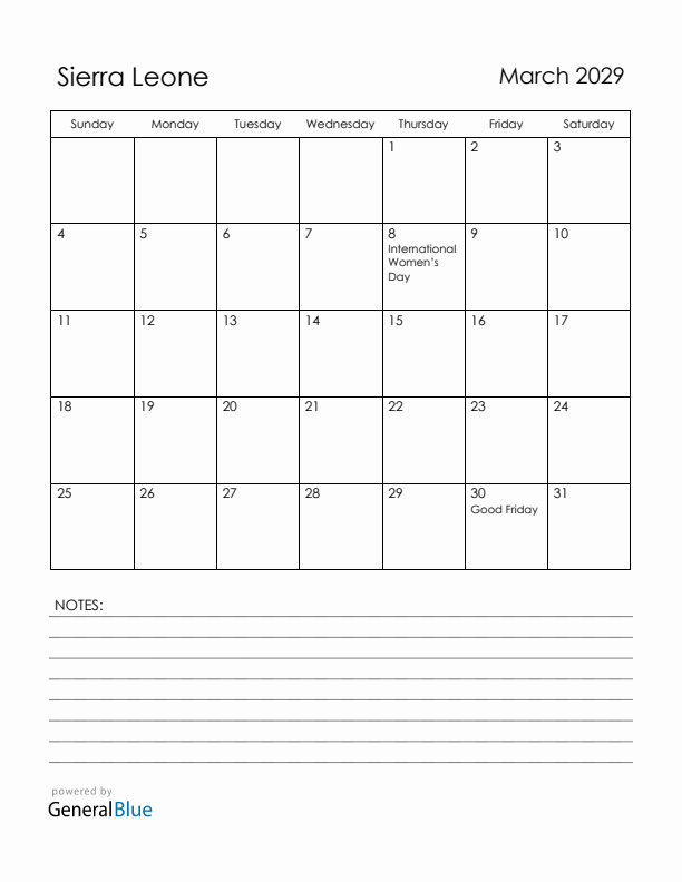 March 2029 Sierra Leone Calendar with Holidays (Sunday Start)