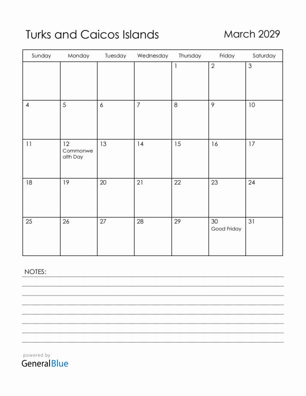 March 2029 Turks and Caicos Islands Calendar with Holidays (Sunday Start)