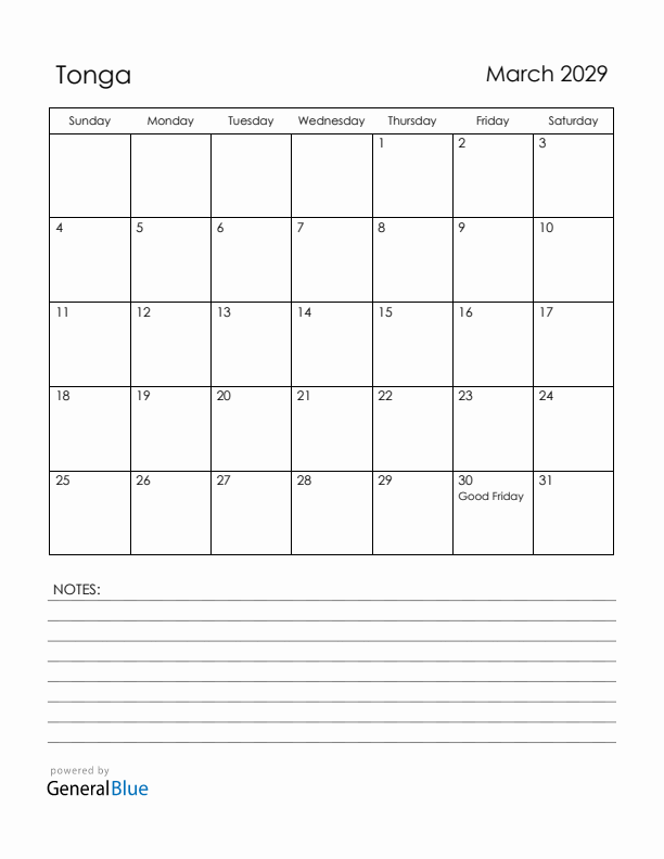 March 2029 Tonga Calendar with Holidays (Sunday Start)