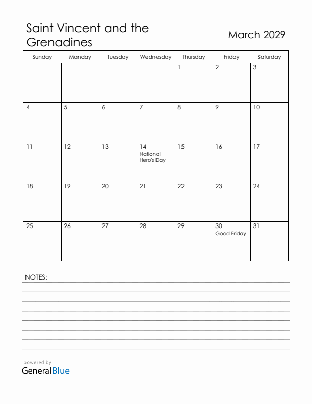 March 2029 Saint Vincent and the Grenadines Calendar with Holidays (Sunday Start)