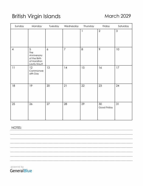 March 2029 British Virgin Islands Calendar with Holidays (Sunday Start)
